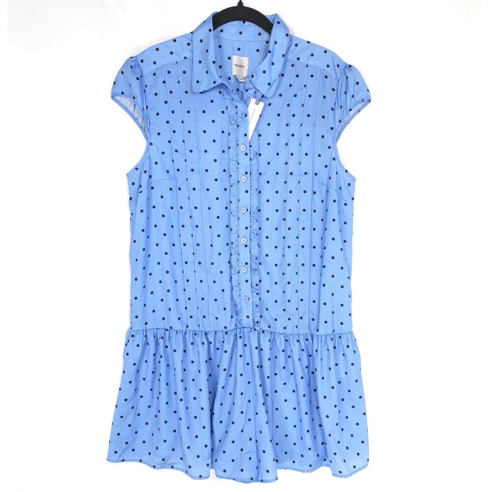 ANTHROPOLOGIE Maeve New Size XL Romper Cap Sleeve Button Front Ruffle Polka Blue